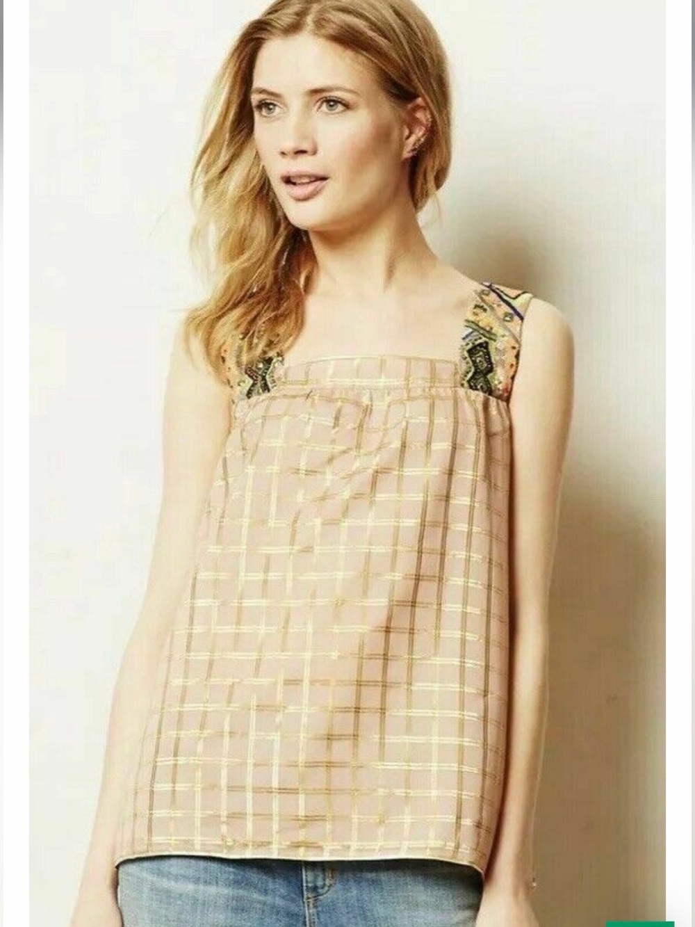 Anthropologie Embroidered Strap Cream Womens Tank Top